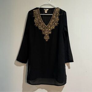Lucky & Coco Black Sheer Gold Beaded Tunic Coverup – Size M